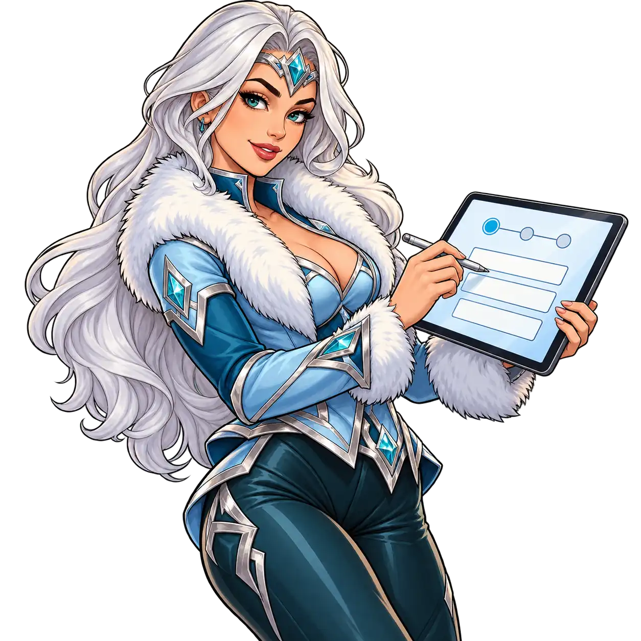 Arctic Enchantress-ის მოტივებზე შექმნილ ვერცხლისფერთმიან გმირ ქალს პლანშეტი და სტილუსი უჭირავს და მაყურებელს უყურებს.