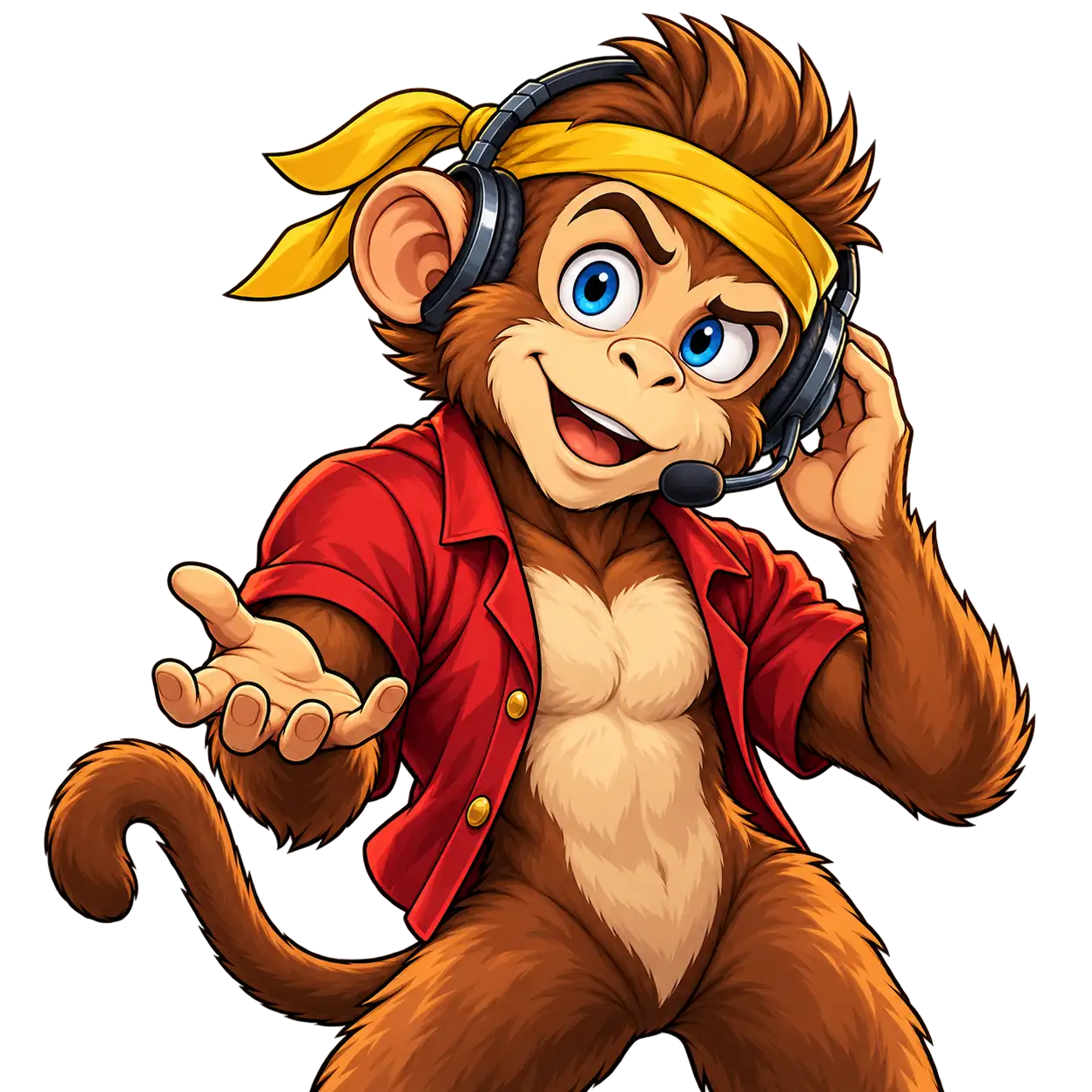 Bongo's Bananas-ის მოტივებზე შექმნილი მაიმუნი ყვითელი თავსაბურავით გარნიტურის ყურსასმენს იჭერს და მეორე ხელისგულს კითხვითი ჟესტით შლის.