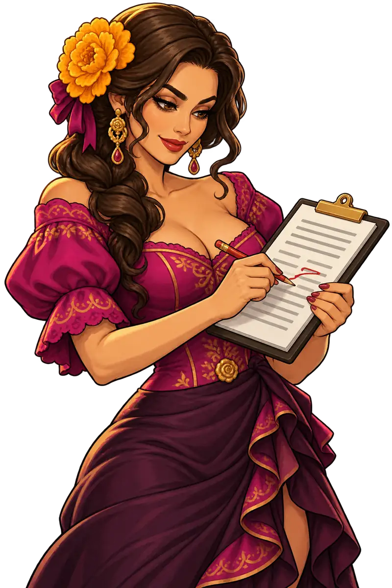 Catrina: Amor Eterno-ს მოტივებზე შექმნილი გმირი თმაში ყვითელი ყვავილით წითელი ფანქრით ასწორებს დაფაზე დამაგრებულ ფურცელს.