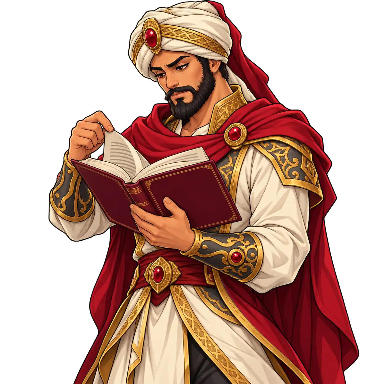The Conqueror-ის მოტივებზე შექმნილი წვერიანი გმირი თეთრი ჩალმითა და წითელი მოსასხამით ყურადღებით ფურცლავს ბუკლეტს.
