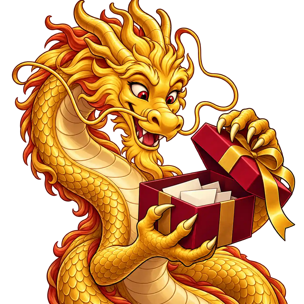 15 Dragon Pearls-ის მოტივებზე შექმნილი დრაკონი სასაჩუქრე ყუთის თავსახურს სწევს და ცნობისმოყვარეობით შიგნით იყურება.