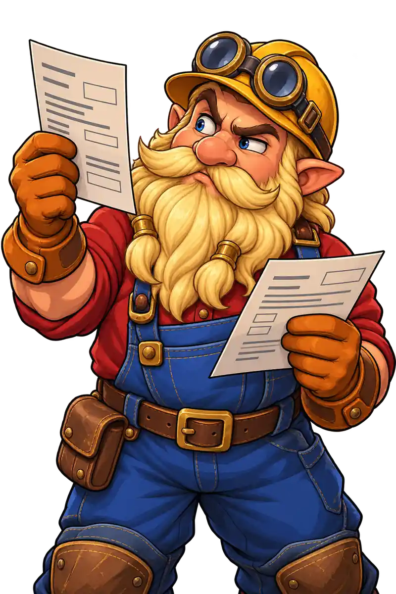 Dynamite Dwarfs-ის მოტივებზე შექმნილ ჯუჯას ყვითელი მაღაროელის ჩაფხუტი ახურავს, ორი სხვადასხვა ფურცელი უჭირავს და აწეულ დოკუმენტს სკეპტიკურად სწავლობს.
