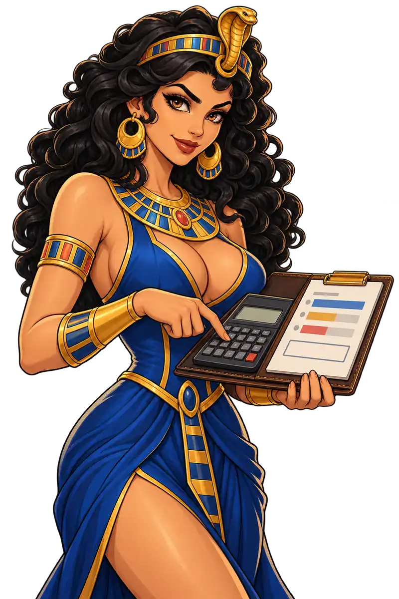 Empress of the Nile-ის მოტივებზე შექმნილი გმირი ოქროს დიადემით აჭერს კალკულატორის ღილაკს გამოთვლების ფურცლიან საქაღალდეში და მაყურებელს უყურებს.