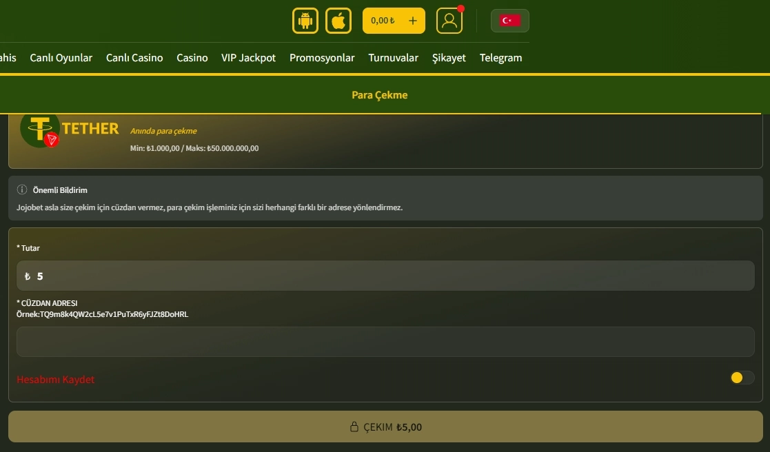 Jojobet-ის კრიპტოვალუტით შევსების არხები TRY ლიმიტებით