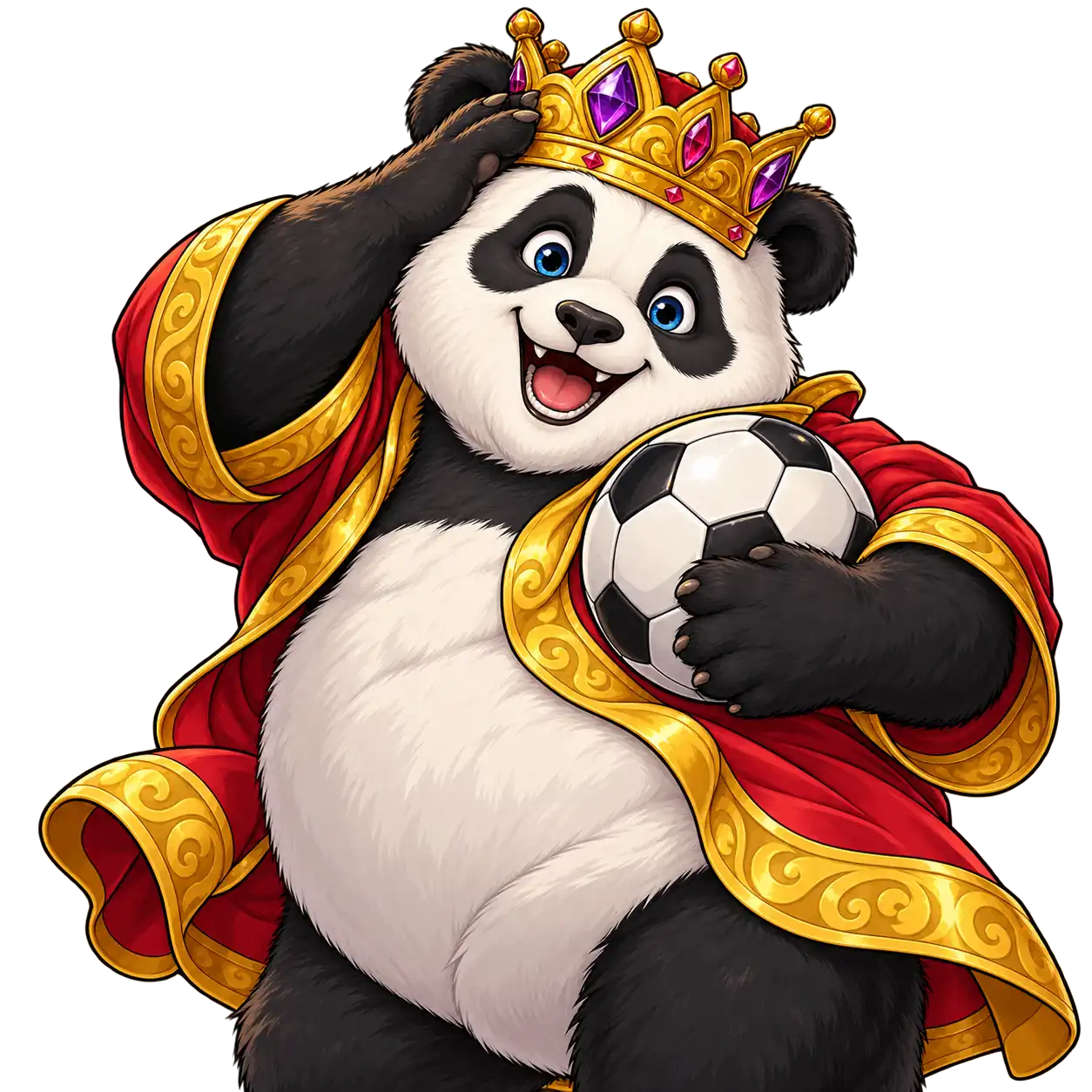 Fat Panda-ს მოტივებზე შექმნილი პანდა ფეხბურთის ბურთს მკერდზე იკრავს, გვირგვინს იჭერს და ღიმილით უყურებს მაყურებელს.