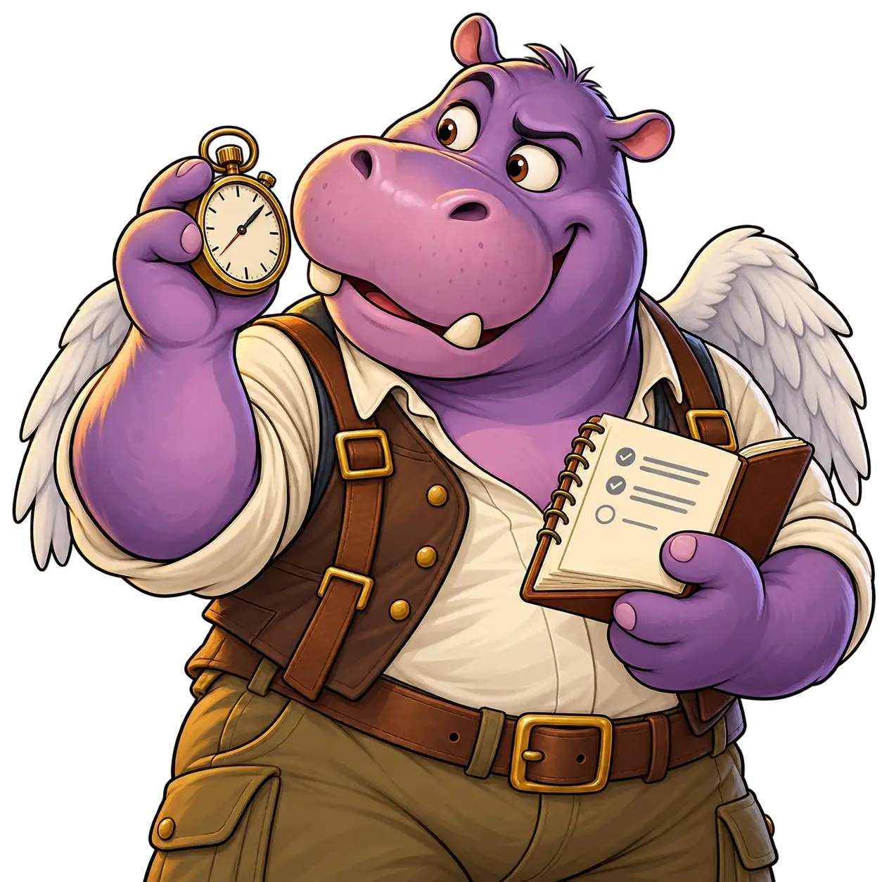 Flying Hippo-ს მოტივებზე შექმნილი იისფერი ფრთიანი ჰიპოპოტამი ლოყასთან მიტანილ წამზომს ათვალიერებს და გაშლილი ბლოკნოტი უჭირავს.