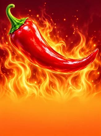 Burning Chilli X — წითელი ჩილის წიწაკა მწვანე ყუნწით ცეცხლის ფონზე