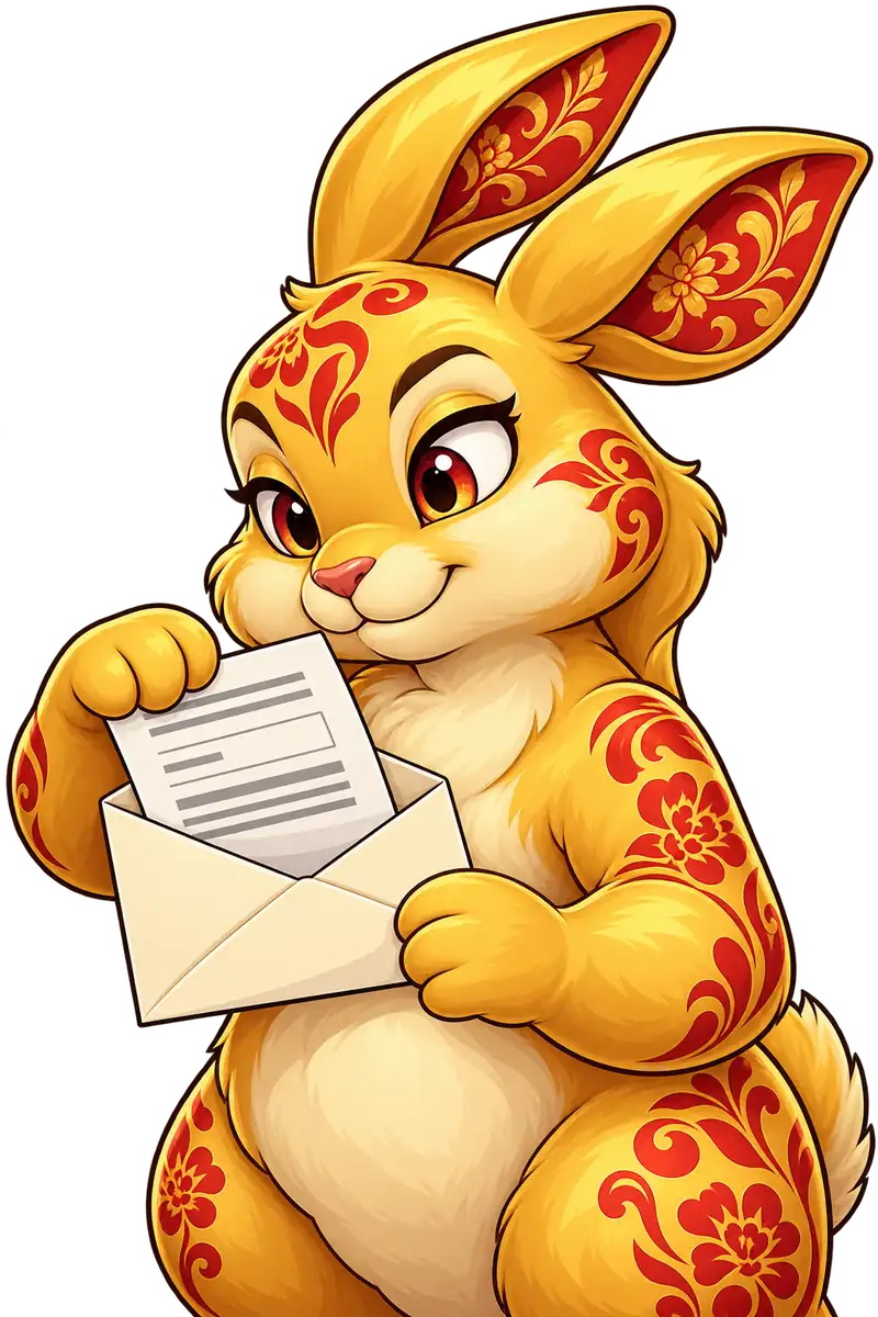 Rabbit's Riches-ის მოტივებზე შექმნილი ოქროს კურდღელი წითელი ყვავილოვანი ორნამენტით მიმართვის ფურცელს ფრთხილად დებს კრემისფერ კონვერტში.
