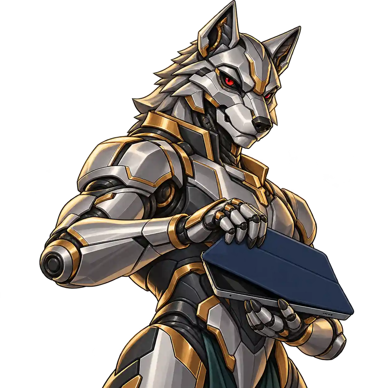 Wolf Fang - Iron Wolf-ის მოტივებზე შექმნილი მექანიკური მგელი პლანშეტს ჩასადებით ხურავს და მშვიდად უყურებს მაყურებელს.