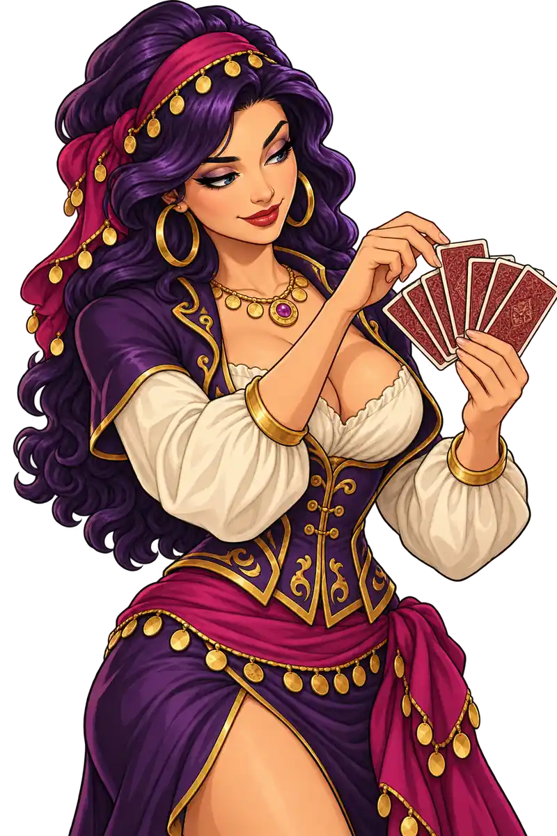 Madam Lucky-ის მოტივებზე შექმნილი იისფერთმიანი გმირი ასწორებს მარაოს კიდეში მოქცეულ კარტს; ბანქო მაყურებლისკენ ზურგითაა მიმართული.