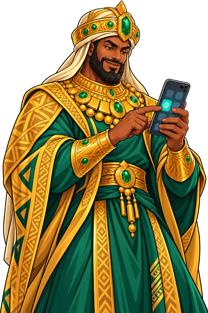 Манса Муса თამაშიდან Mansa Musa's Golden Journey სმარტფონის მთავარ ეკრანზე გლობუსის ხატულას აჭერს.