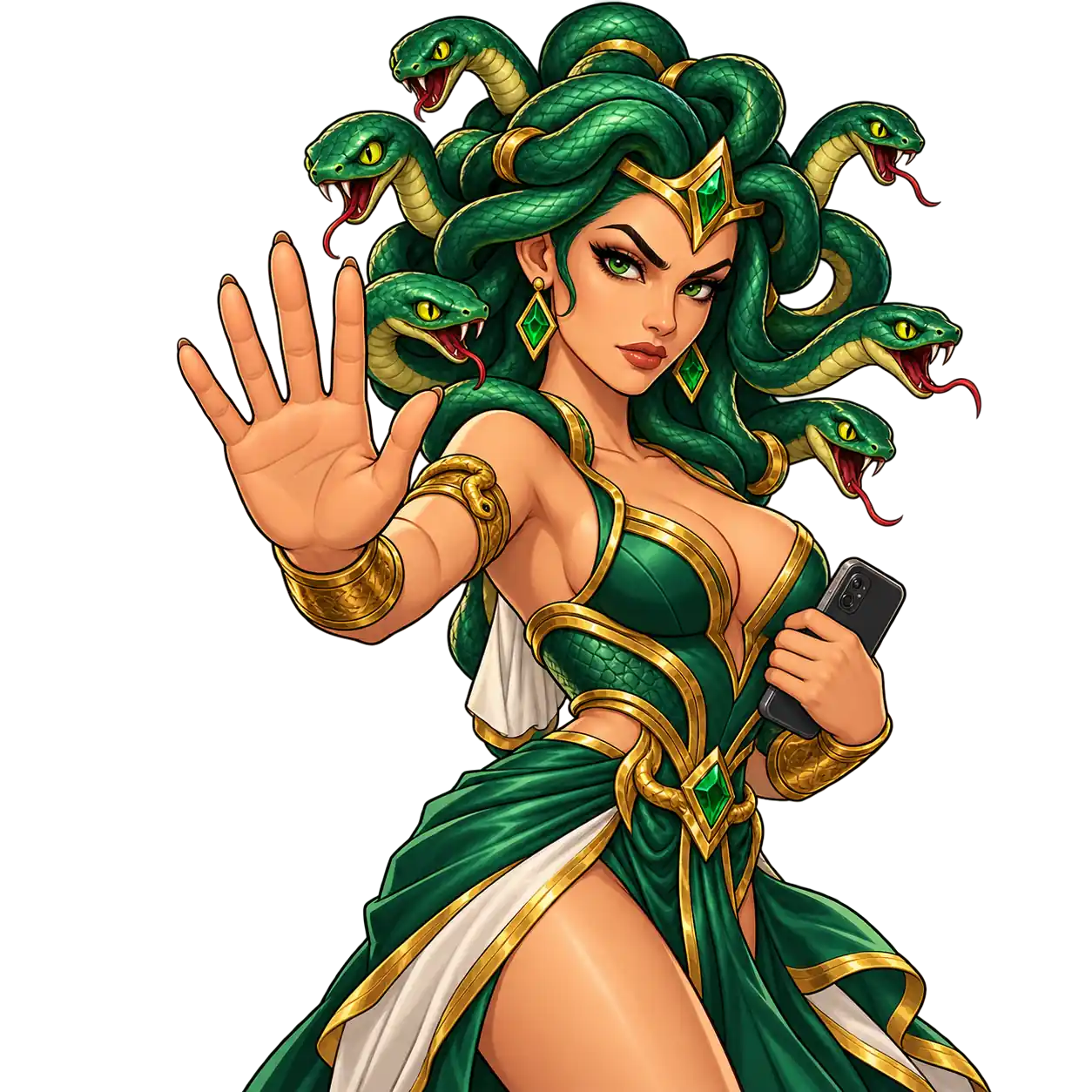Medusa vs Perseus: Stone Duel-ის მოტივებზე შექმნილ Медуза-ს ტელეფონი ეკრანით თავისკენ უჭირავს, გაშლილ ხელისგულს წინ სწევს და მაყურებელს უყურებს.
