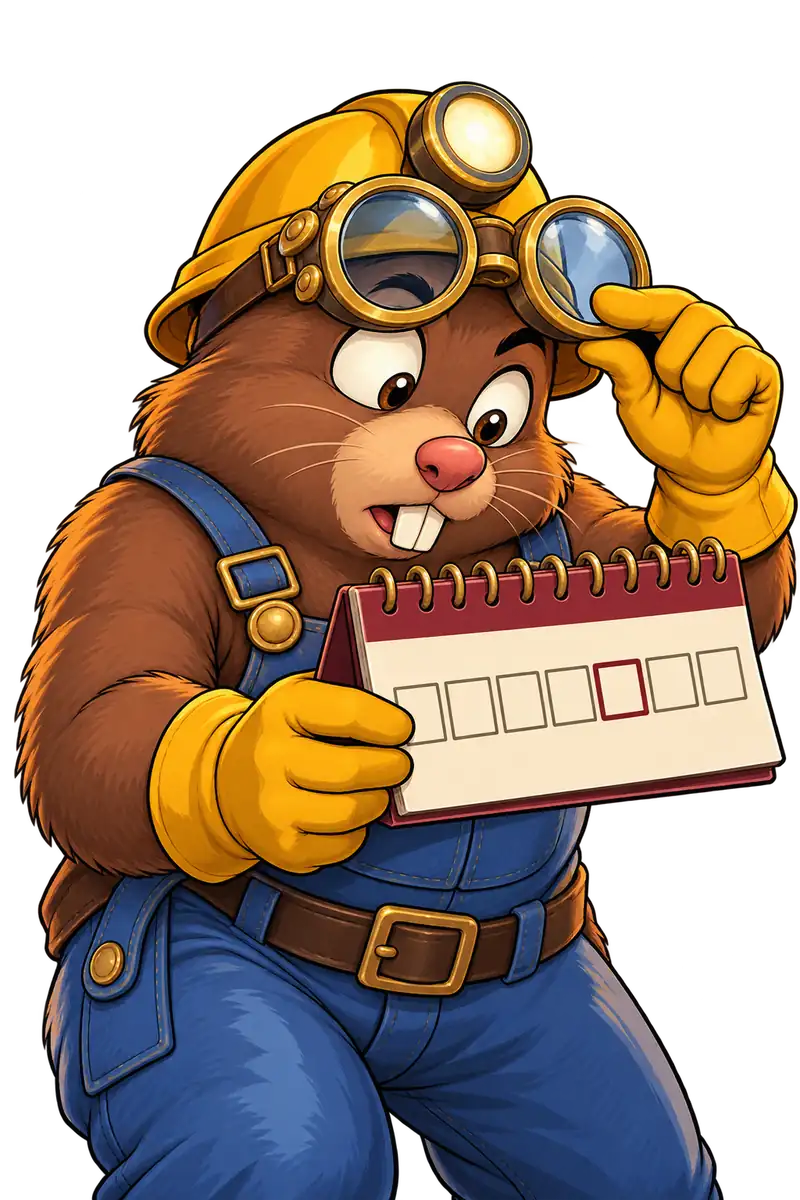 Play'n GO Mole Digger-ის მოტივებზე შექმნილი თხუნელა სათვალეს სწევს და კვირის კალენდრის მონიშნულ უჯრას ყურადღებით უყურებს.