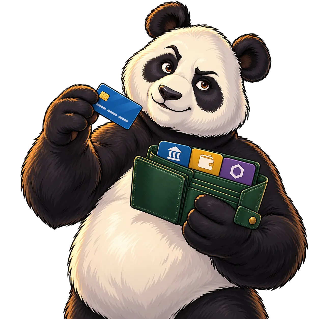 Majestic Panda-ს მოტივებზე შექმნილი პანდა გახსნილი საფულიდან საბანკო ბარათს იღებს და დაფიქრებით უყურებს მაყურებელს.
