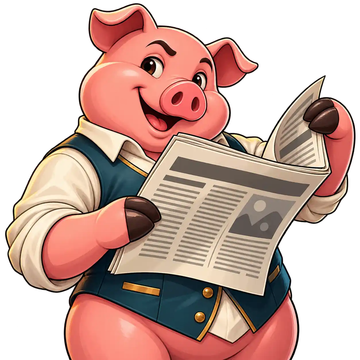 Piggy Collect & Multiply-ის მოტივებზე შექმნილი ვარდისფერი გოჭი გაზეთს შლის და მისი კიდის ზემოდან პირდაპირ მაყურებლისკენ იყურება.