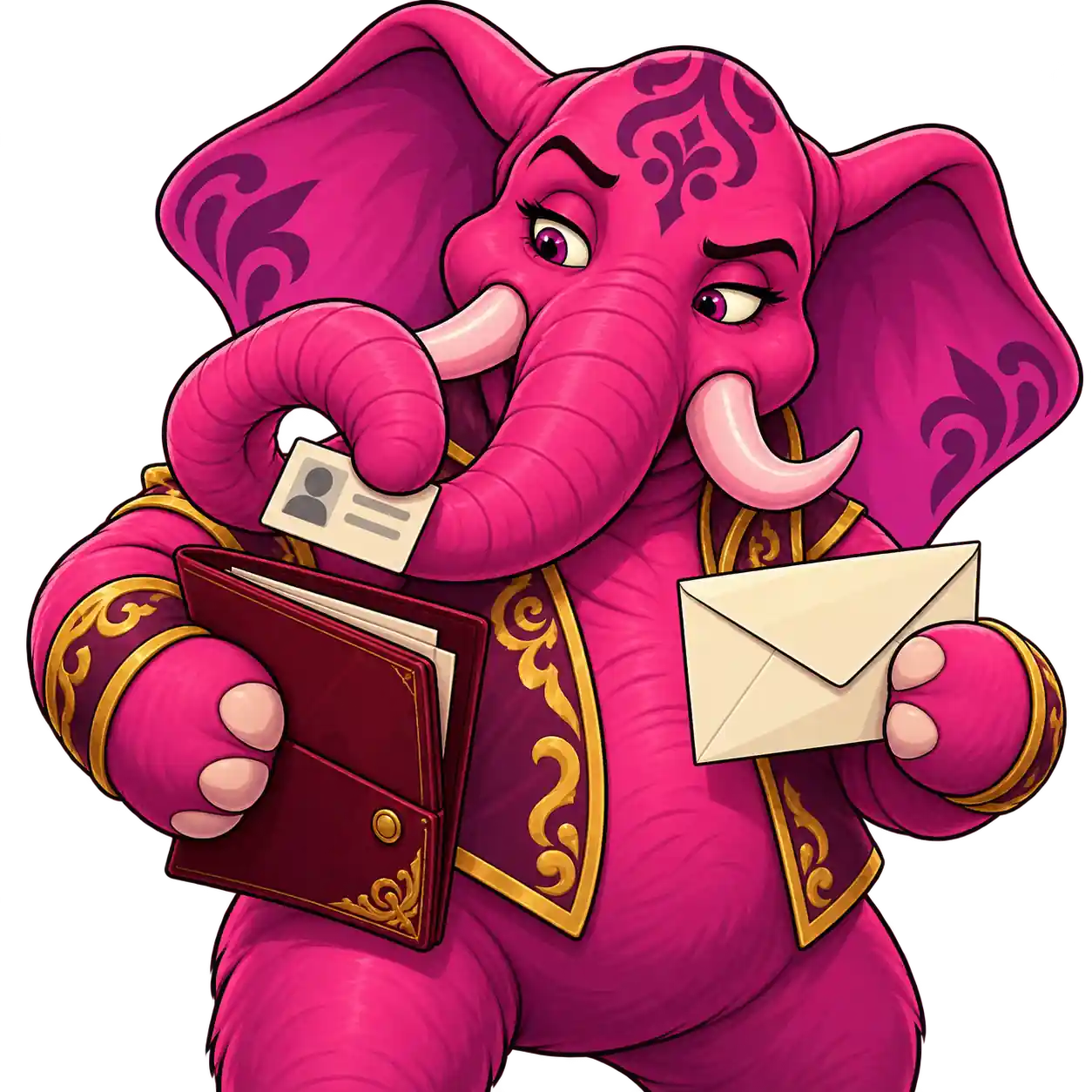 Pink Elephants-ის მოტივებზე შექმნილ სპილოს კონვერტი უჭირავს და ხორთუმით პირადი დოკუმენტის ბარათი ცალკე საქაღალდეში გადააქვს.