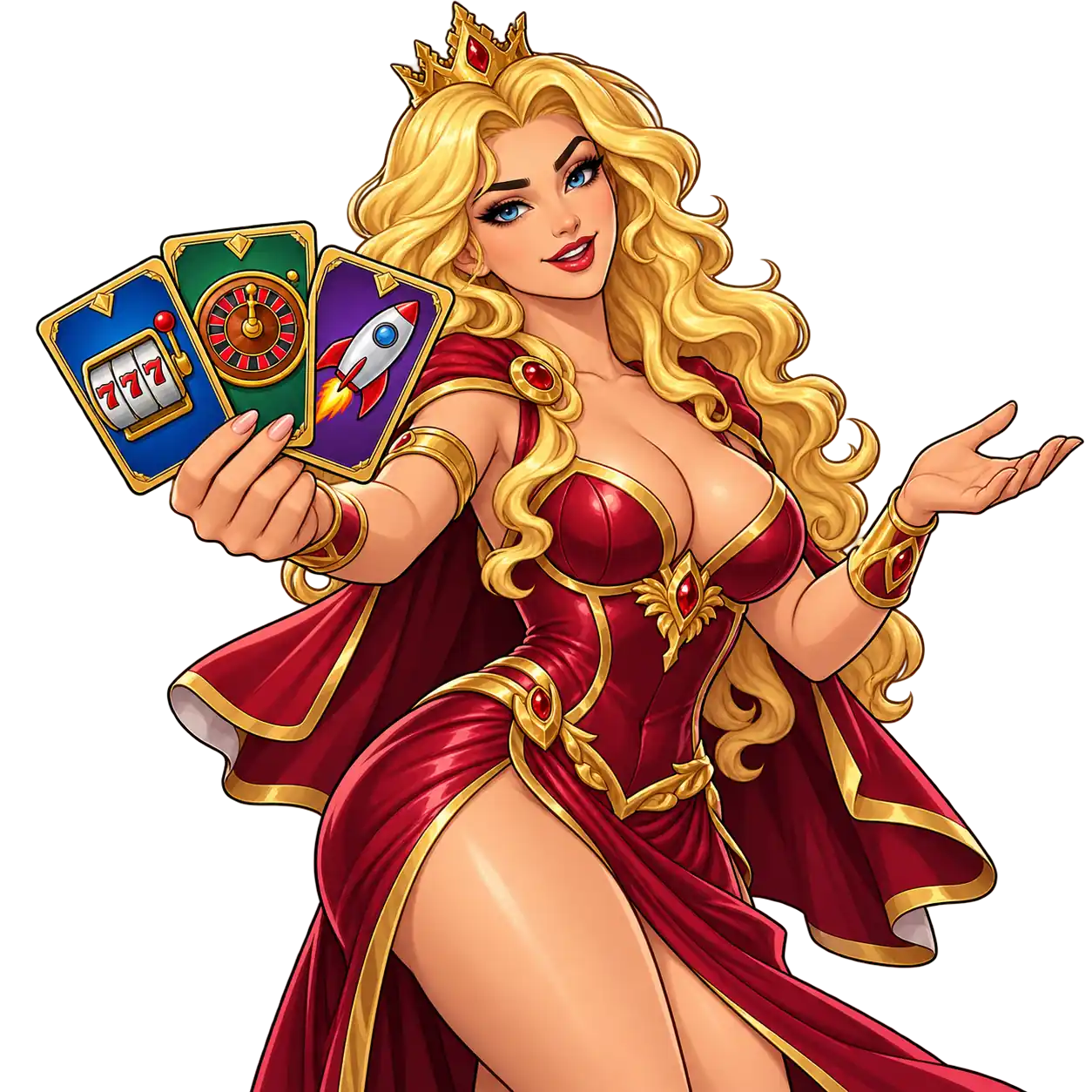 დედოფალი თამაშიდან Queen of the Castle მაყურებლისკენ ღიმილით ბრუნდება და სლოტების, რულეტკისა და რაკეტის ხატულებიანი ბარათების მარაოს უწვდის.