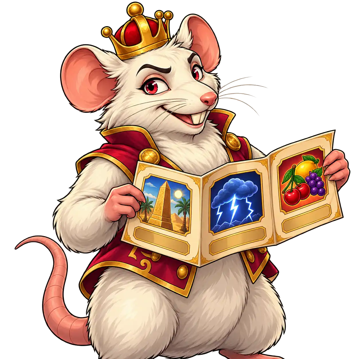 Rat King-ის მოტივებზე შექმნილი თეთრი ვირთხა ოქროს გვირგვინით შლის დასაკეც კატალოგს სხვადასხვა სათამაშო თემატიკით და მაყურებელს უყურებს.