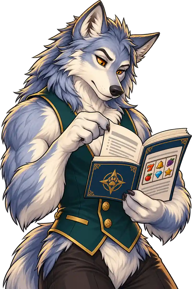 Snow Wolf Saga-ს მოტივებზე შექმნილი ვერცხლისფერი მგელი მუქი ფირუზისფერი ჟილეტით ყურადღებით ფურცლავს წესების ბუკლეტს.