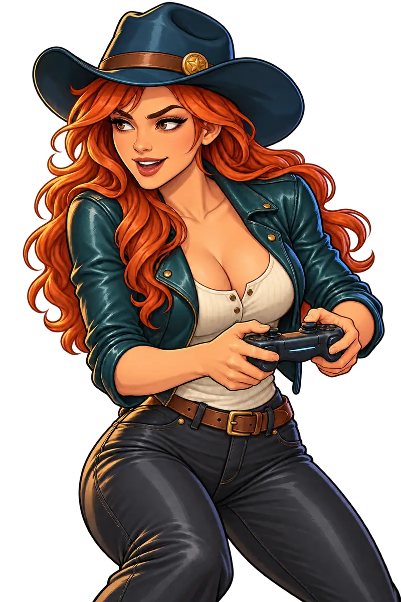Wild West Bandits-ის მოტივებზე შექმნილი წითურთმიანი გმირი ქალი გეიმპადით ხელში წინ იხრება და გატაცებით უყურებს გამოსახულების მიღმა მდებარე ეკრანს.